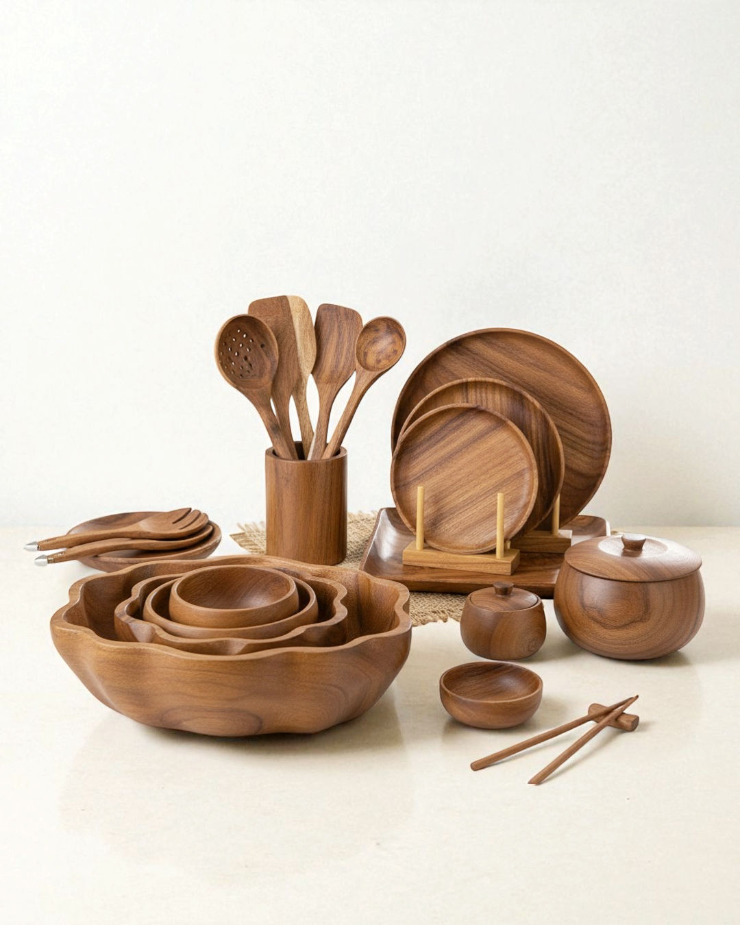 Premium Wooden Kitchen & Dining Set Bowls Plates Utensils