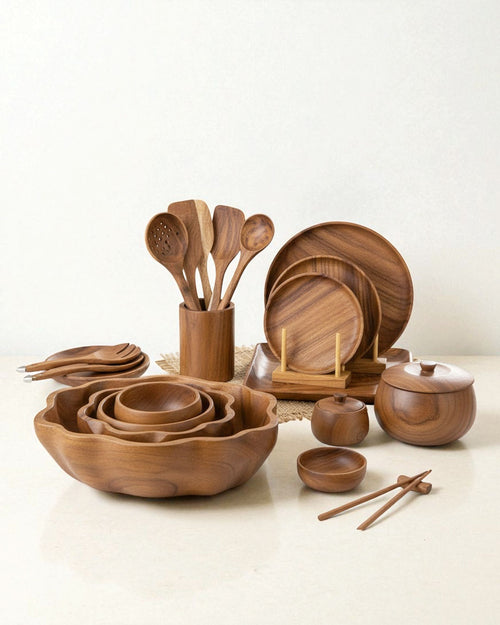 Premium Wooden Kitchen & Dining Set Bowls Plates Utensils