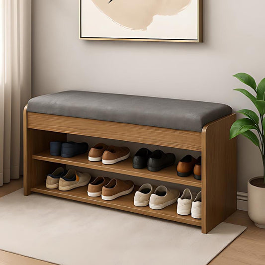 Wooden Shoe Rack Bench with Cushion Seat and Storage Shelf
