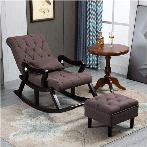 Premium Teak Wood Rocking Chair with Foot Stool & Cushion Comfortable Balcony Relax Chair with Pillow High Density Foam Ergonomic Design