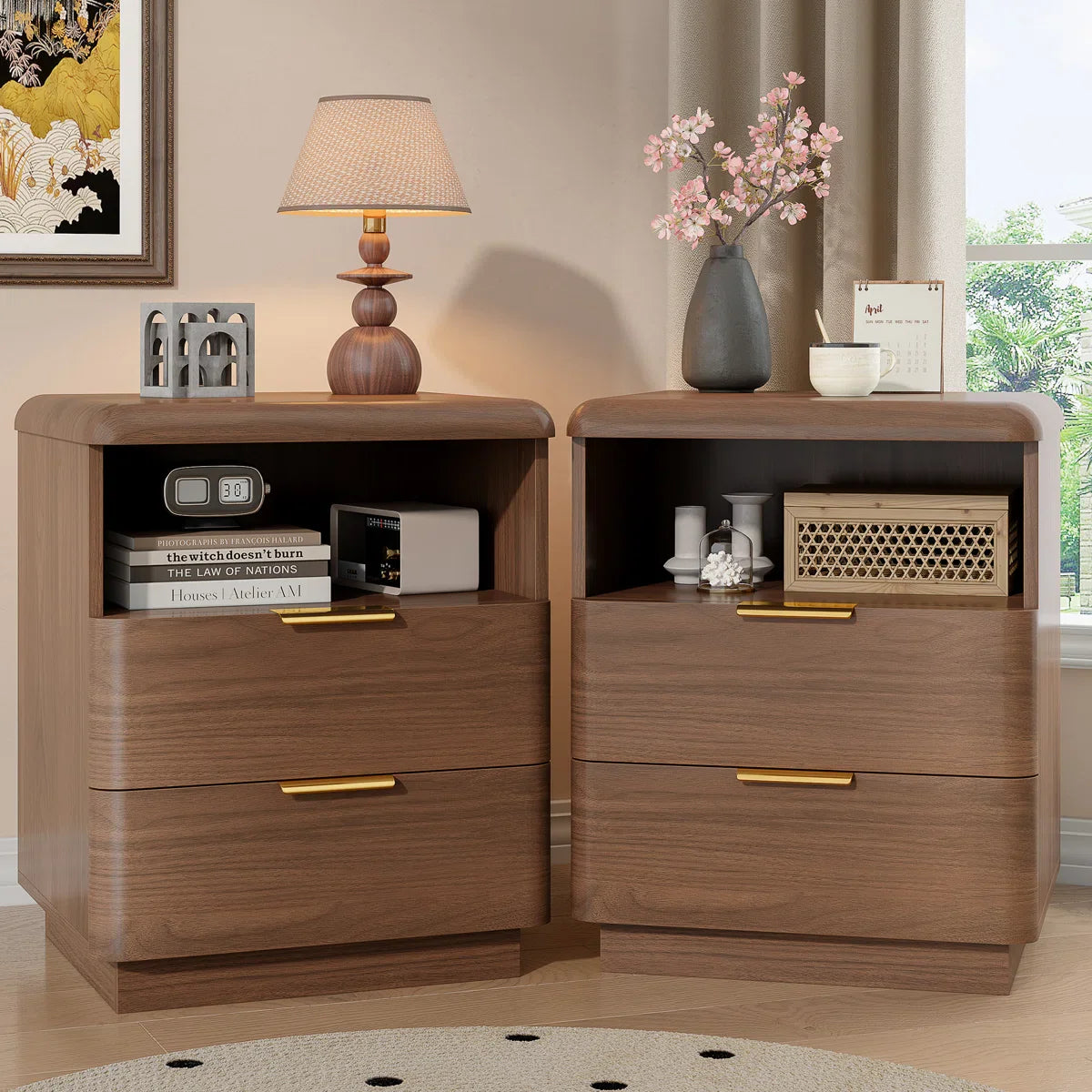 Cota Wooden Nightstand 2 Drawer Bedside Table Storage Modern Dark Walnut