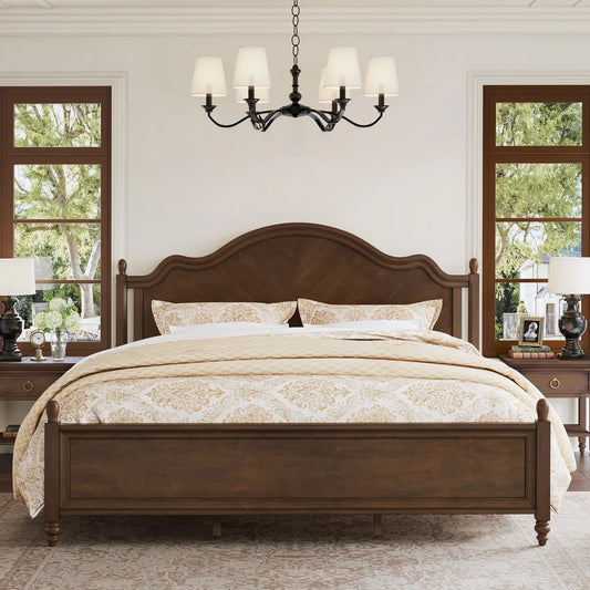 Mid-Century Modern Solid Wood Bed with Herringbone-Inspired Pattern Headboard