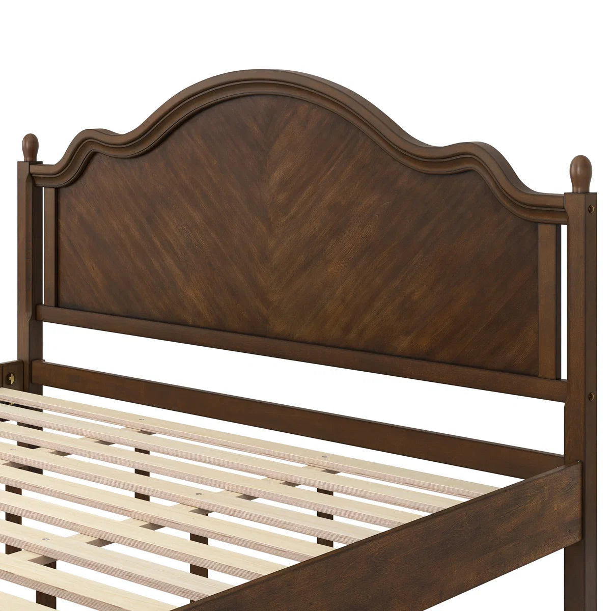 Mid-Century Modern Solid Wood Bed with Herringbone-Inspired Pattern Headboard
