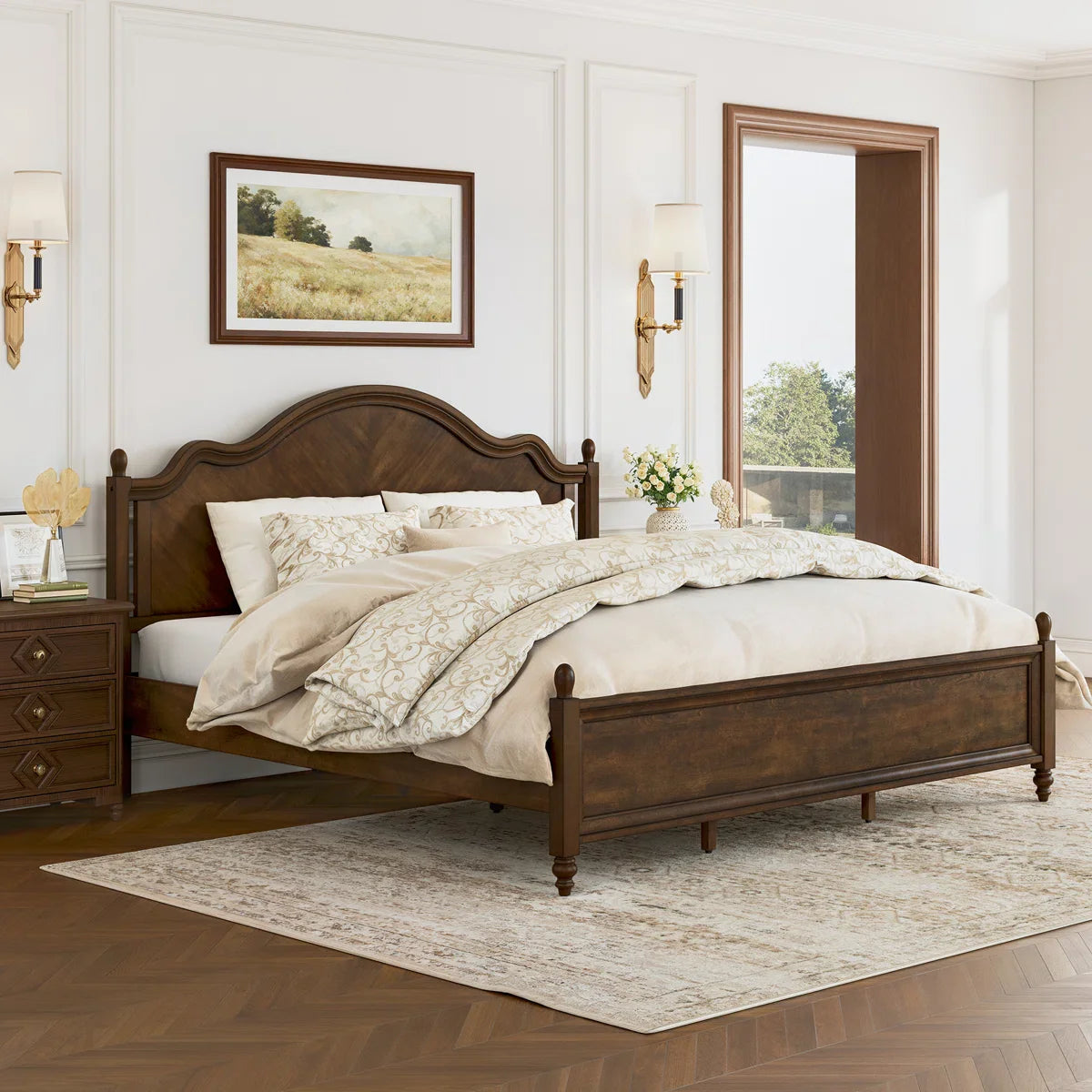Mid-Century Modern Solid Wood Bed with Herringbone-Inspired Pattern Headboard