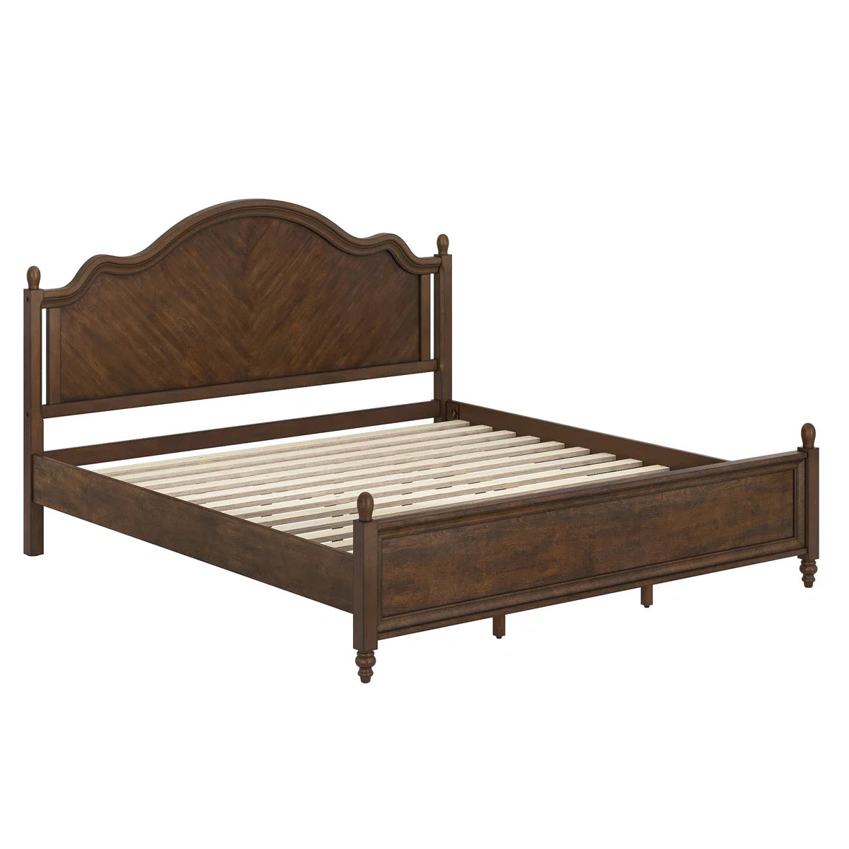 Mid-Century Modern Solid Wood Bed with Herringbone-Inspired Pattern Headboard