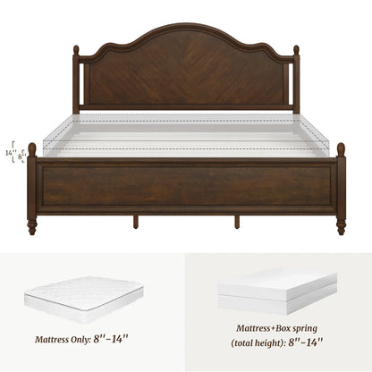 Mid-Century Modern Solid Wood Bed with Herringbone-Inspired Pattern Headboard