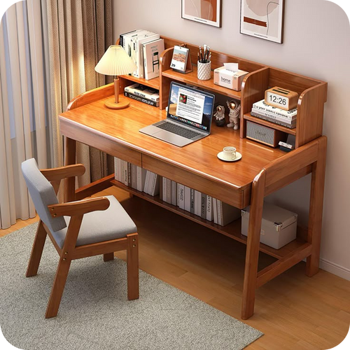 Modern Wooden Study Desk with Storage Shelves for Home Office
