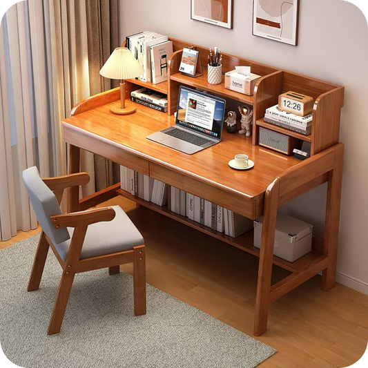 Modern Wooden Study Desk with Storage Shelves for Home Office