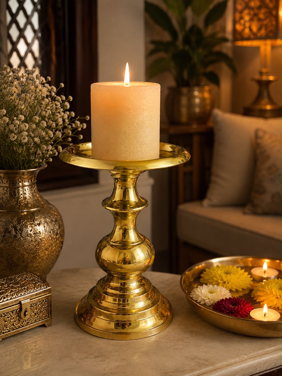 Brass Finish Candle Stand-Medium