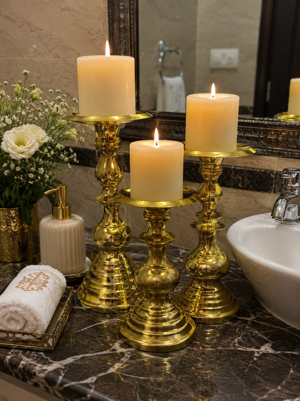 Brass Finish Candle Stand- Set of 3