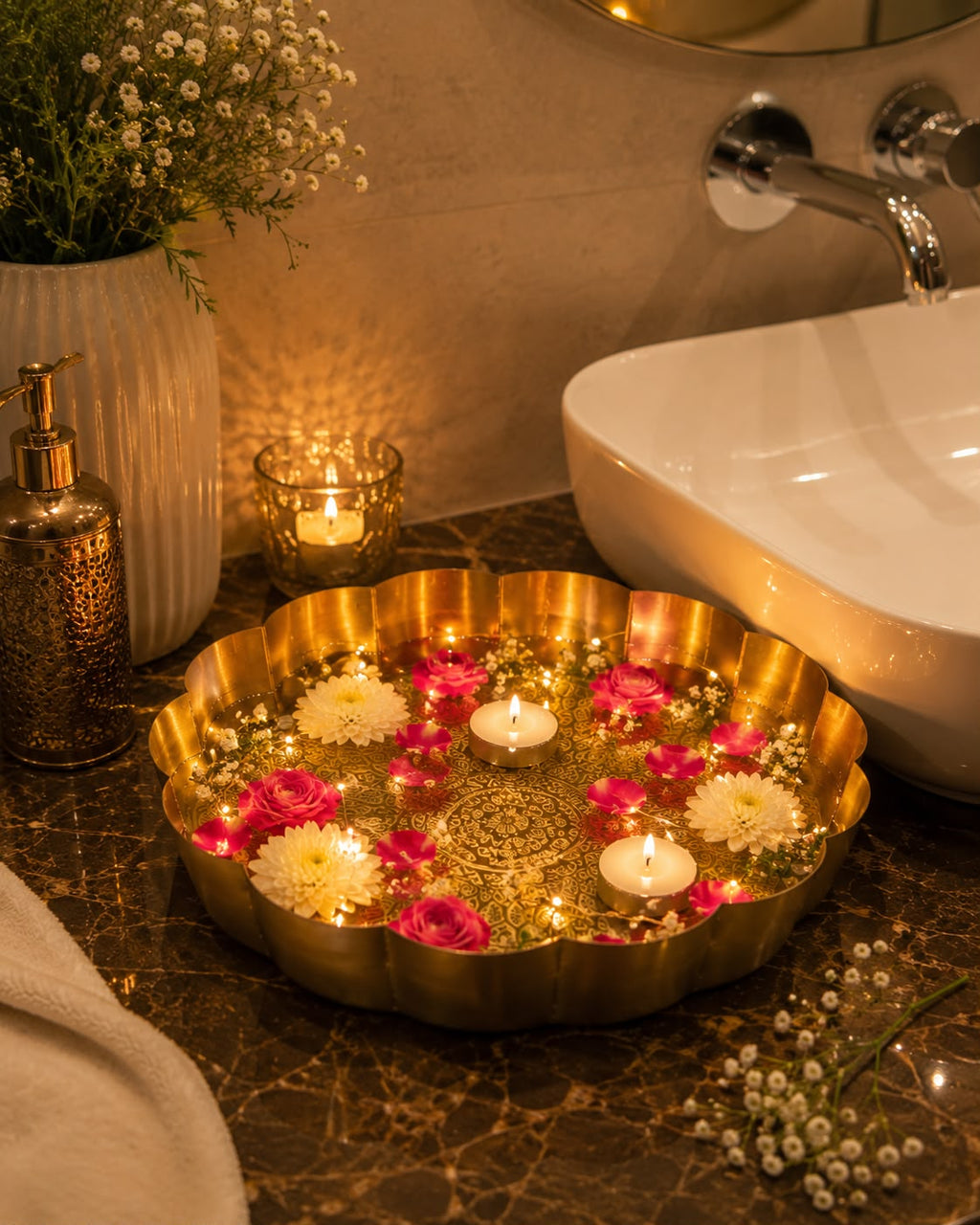 Lotus Brass Finish Urli- Medium