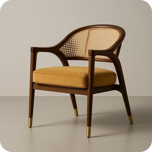 Modern Wooden Cane Chair with Cushion Seat for Living Room
