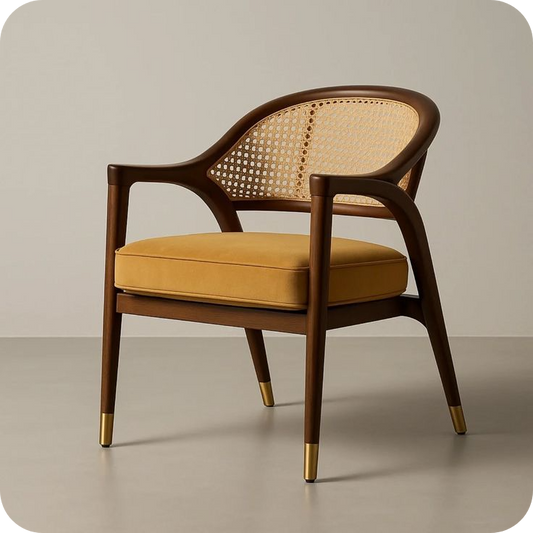 Modern Wooden Cane Chair with Cushion Seat for Living Room